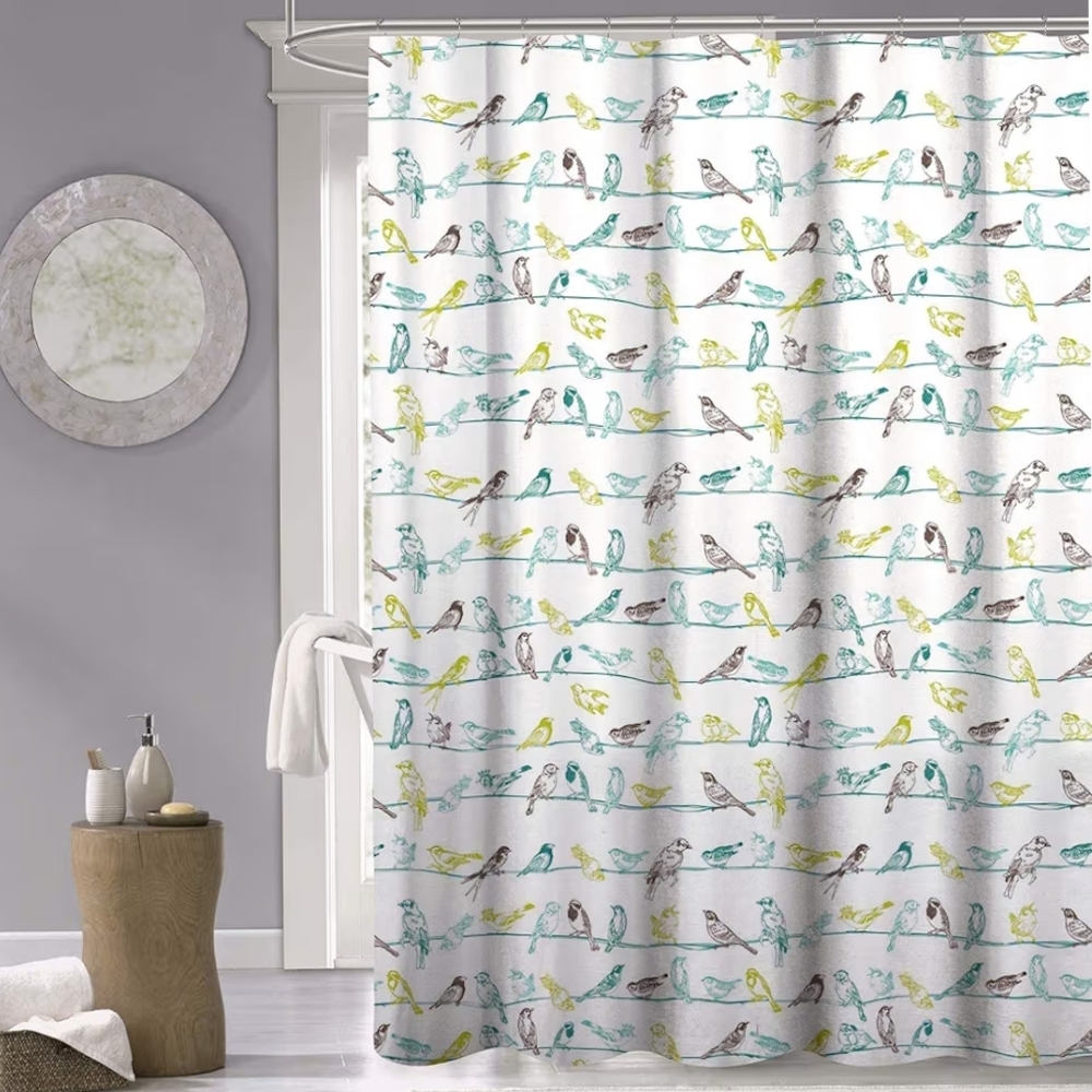 Bird Pattern Shower Curtain - White with Teal & Yellow Accents